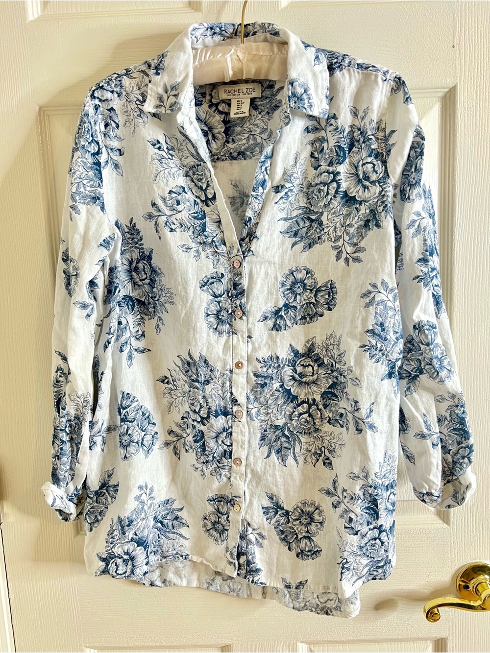 Rachel Zoe linen White Shirt with Blue Floral Print
